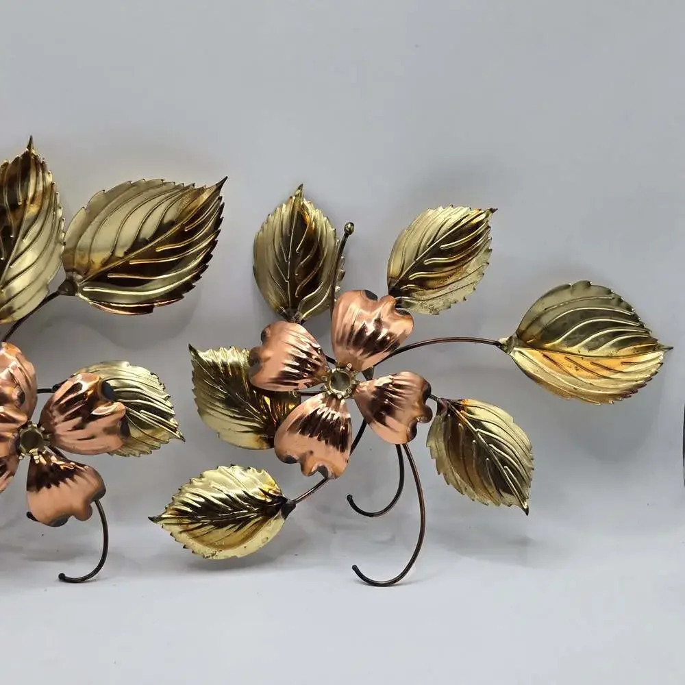Vintage Mid-Century Modern Mixed Metal Brass and Copper Floral Wall Art Set